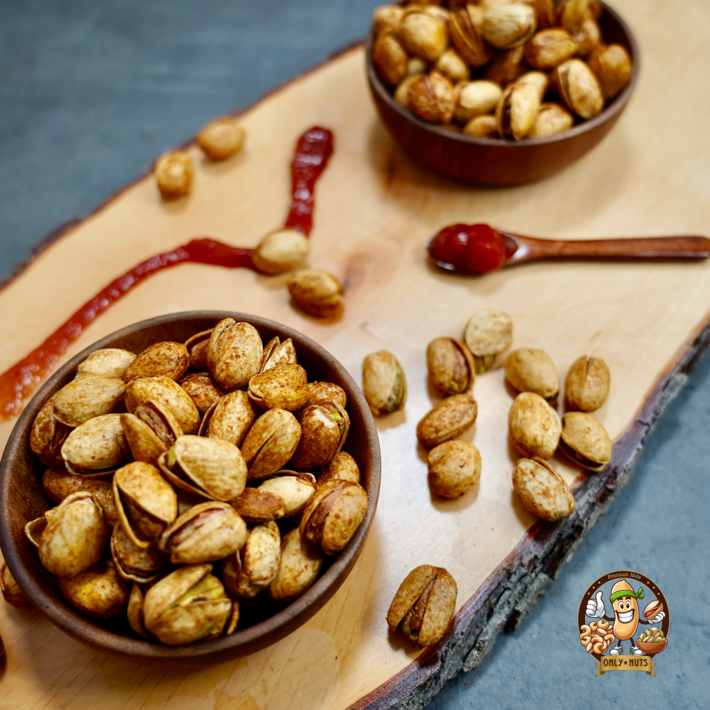 Premium Pistazien mit BBQ-Geschmack in rustikalen Holzschalen auf einem natürlichen Holzbrett, verfeinert mit einer rauchigen Würze und einer Prise grobem Meersalz. Ideal für den herzhaften Snackgenuss oder als außergewöhnliches Geschenk für Feinschmecker. Erleben Sie die hohe Qualität unserer nachhaltig produzierten Pistazien – der perfekte Genuss für jede Gelegenheit. #Pistazien #BBQGenuss #Nachhaltigkeit #GourmetSnacks