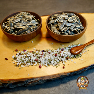 Premium geröstete Sonnenblumenkerne in edlen Holzschalen, begleitet von grobem Meersalz mit einer einzigartigen Kräuter- und Gewürzmischung. Perfekt für gesundes Snacken und Gourmet-Liebhaber. Diese hochwertige Snack-Option kombiniert Geschmack und Qualität für besondere Genussmomente. Entdecke natürliche Snacks mit einem Hauch von Luxus – ideal für bewusste Ernährung und gesunde Lebensweise. #SnackInspiration #Sonnenblumenkerne #GesundEssen #NatürlichSnacken
